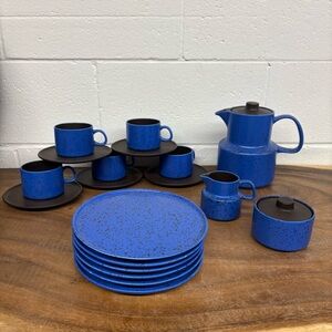 Melitta Germany Mid Century Blue Speckled Lunch Tea Set Sandwich Plates Teapot